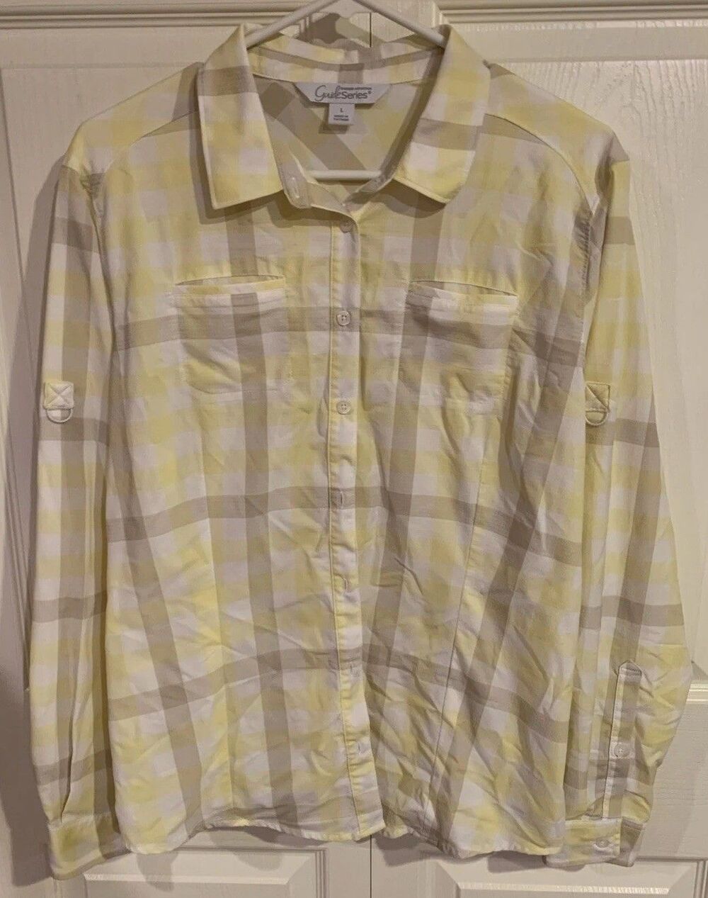 Gander Mountain Guide Series Blouse Womens L Yellow Plaid Vented Long Sleeve